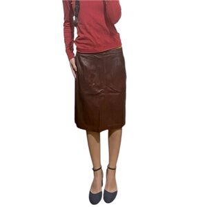 Burgundy brown faux leather midi skirt